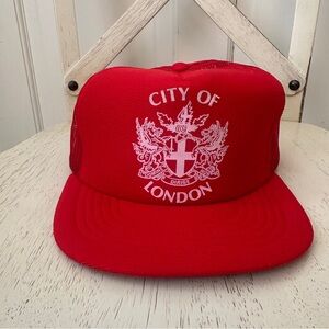 Red City of London Trucker Hat, vintage flat billed mesh.